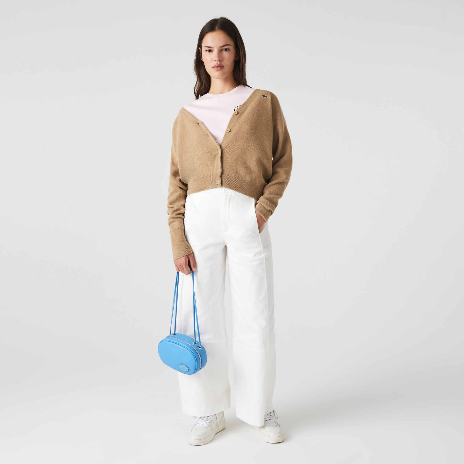 women s lacoste small oval grained leather camera bag