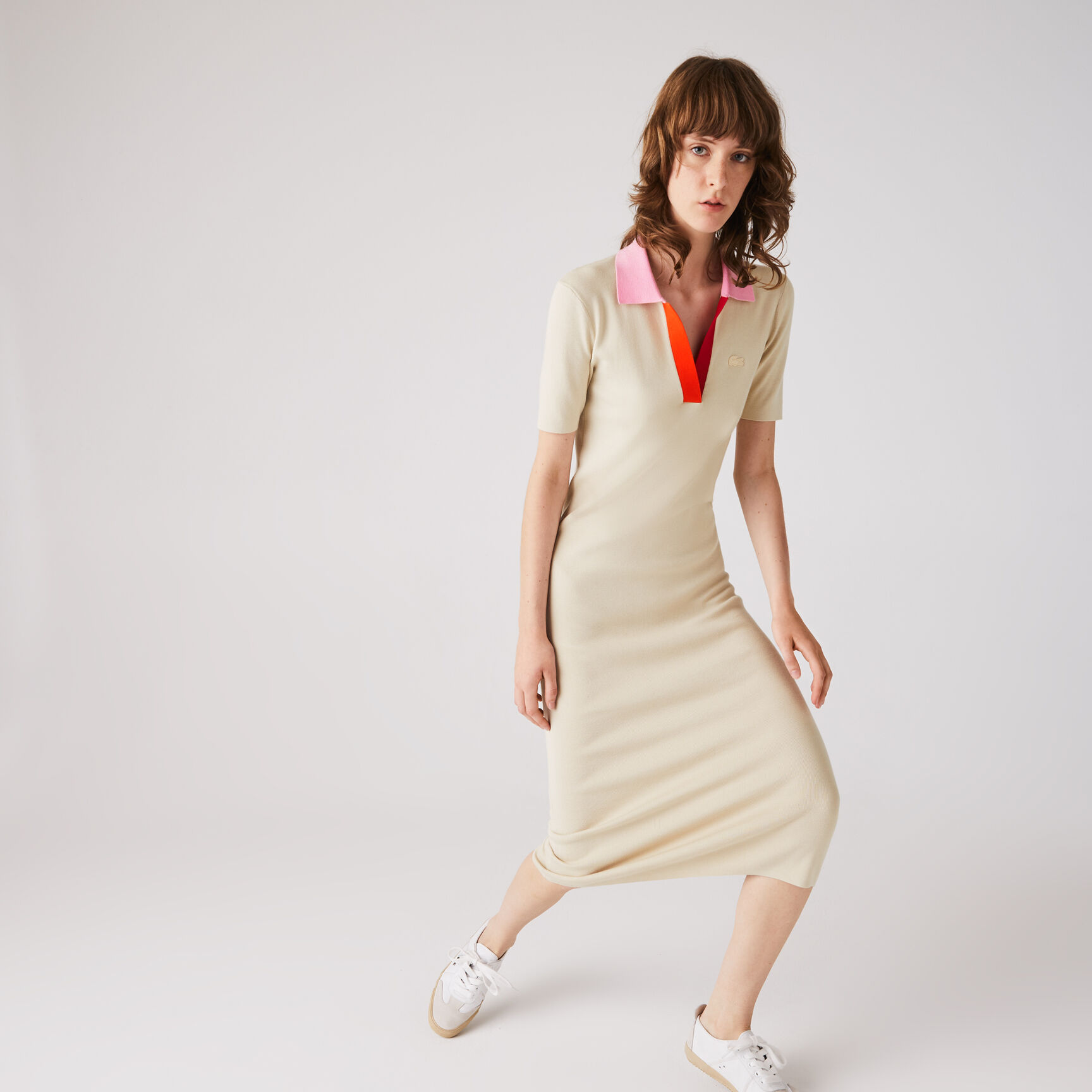 Women's Polo Collar Two-Tone Cotton Knit Long Sweater Dress Women's Polo Collar Two-Tone Cotton Knit Long Sweater Dress