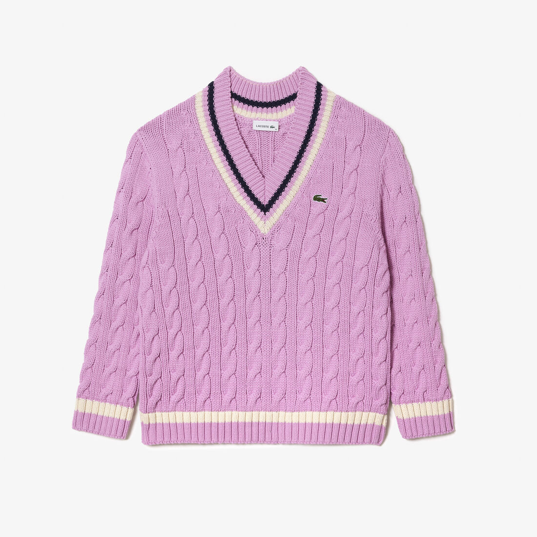 Contrast Accent Cable Knit V Neck Sweater
