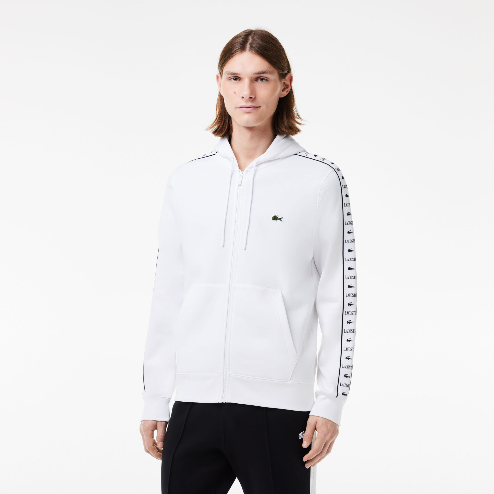 Logo Stripe Zip-Up Hoodie, White | LACOSTE EG