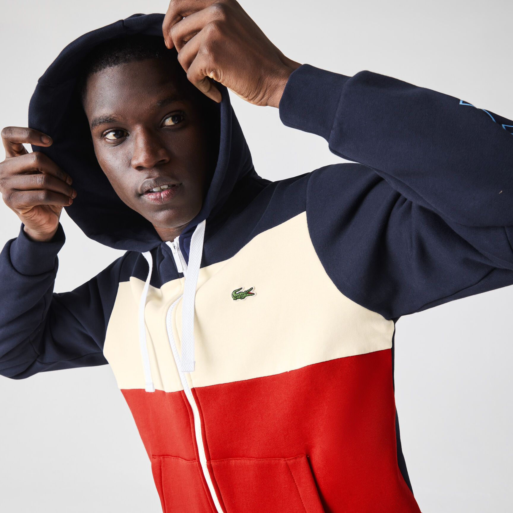 سويت شيرت صوف للرجال بسحاب وغطاء رأس وكتل لونية