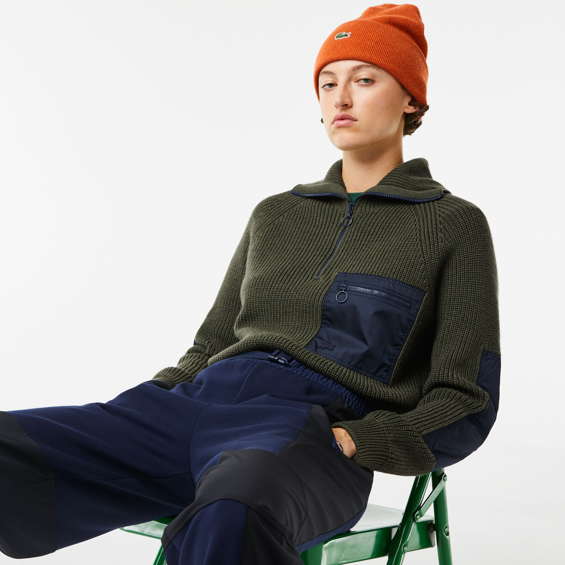 women s lacoste zip trucker neck color block sweater
