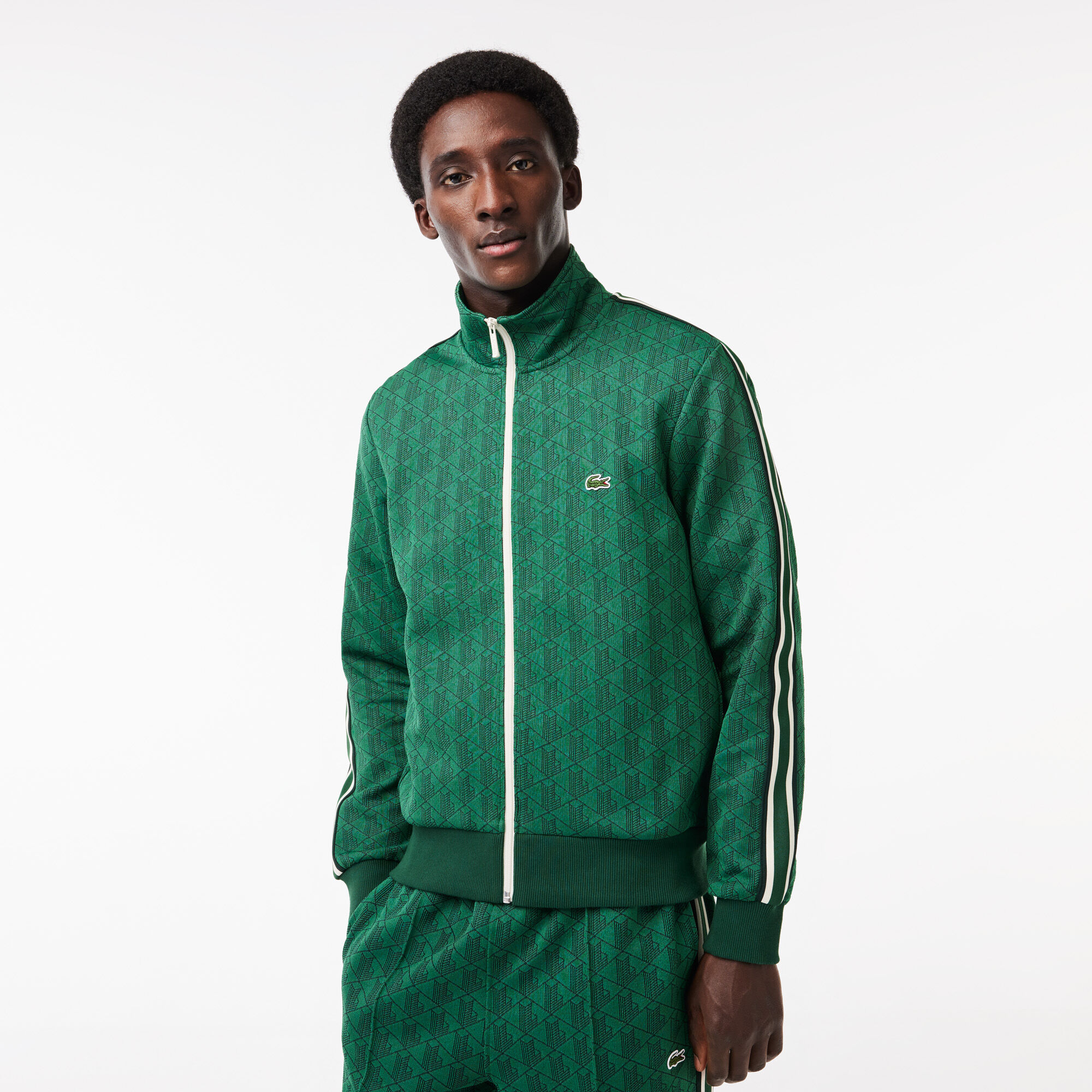 LACOSTE ダークグリーン ジップアップジャケット US M ラコステ LACOSTE 『Lacoste x Netflix』 総柄ジップアップジャケット