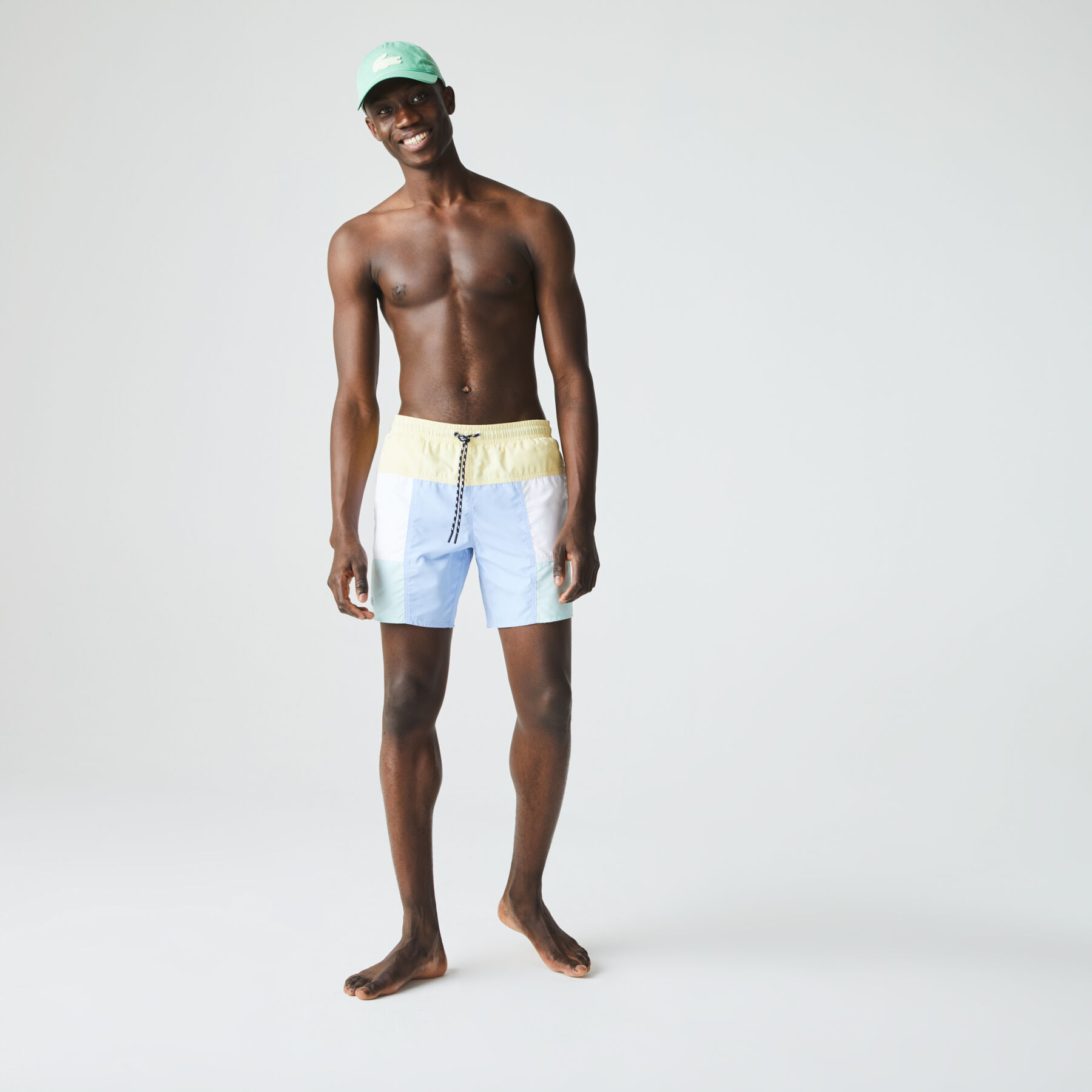 lacoste men s colourblock recycled cloth long swimming trunks