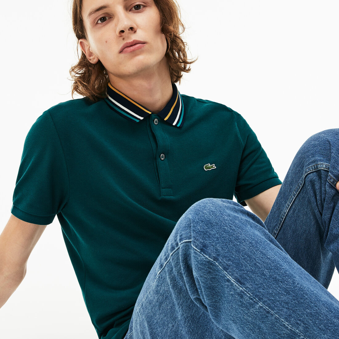 Men's Lacoste Slim Fit Striped Contrast Collar Petit Piqué Polo Shirt Men's Lacoste Slim Fit Striped Contrast Collar Petit Piqué Polo Shirt