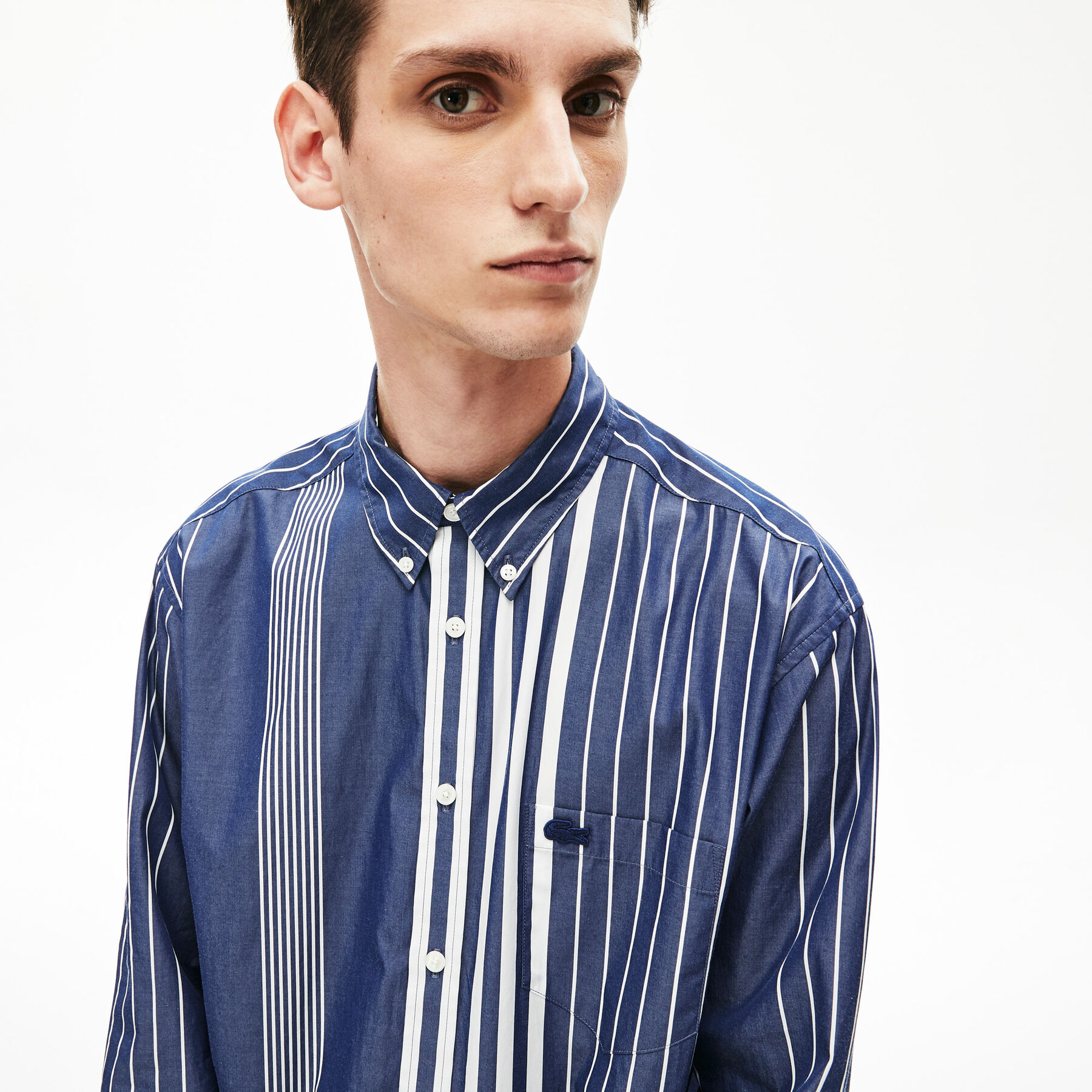lacoste men s mismatched striped relaxed fit cotton shirt