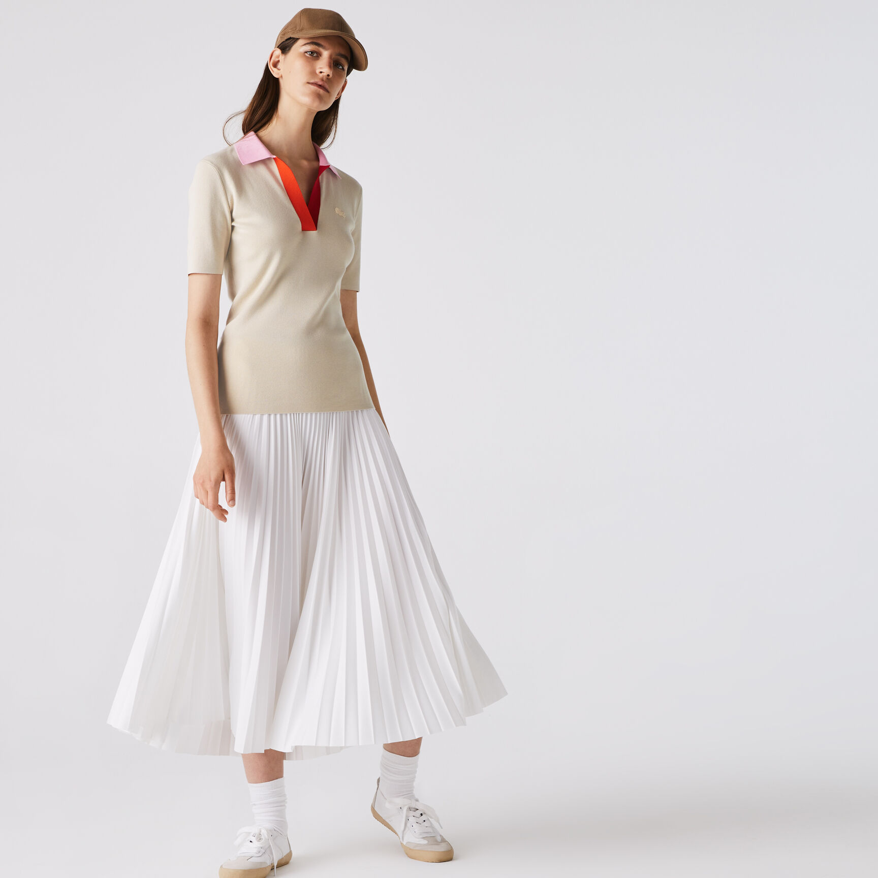 Women's Polo Collar Two-Tone Cotton Sweater