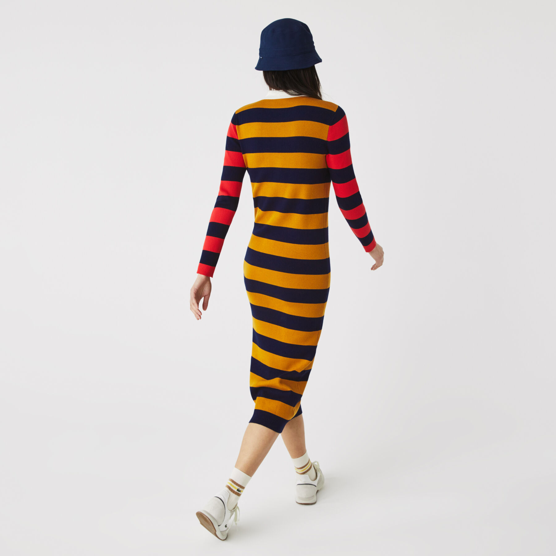 Women’s Fitted Striped Ribbed Mid-Length Polo Dress lacoste women s fitted striped ribbed mid length polo dress