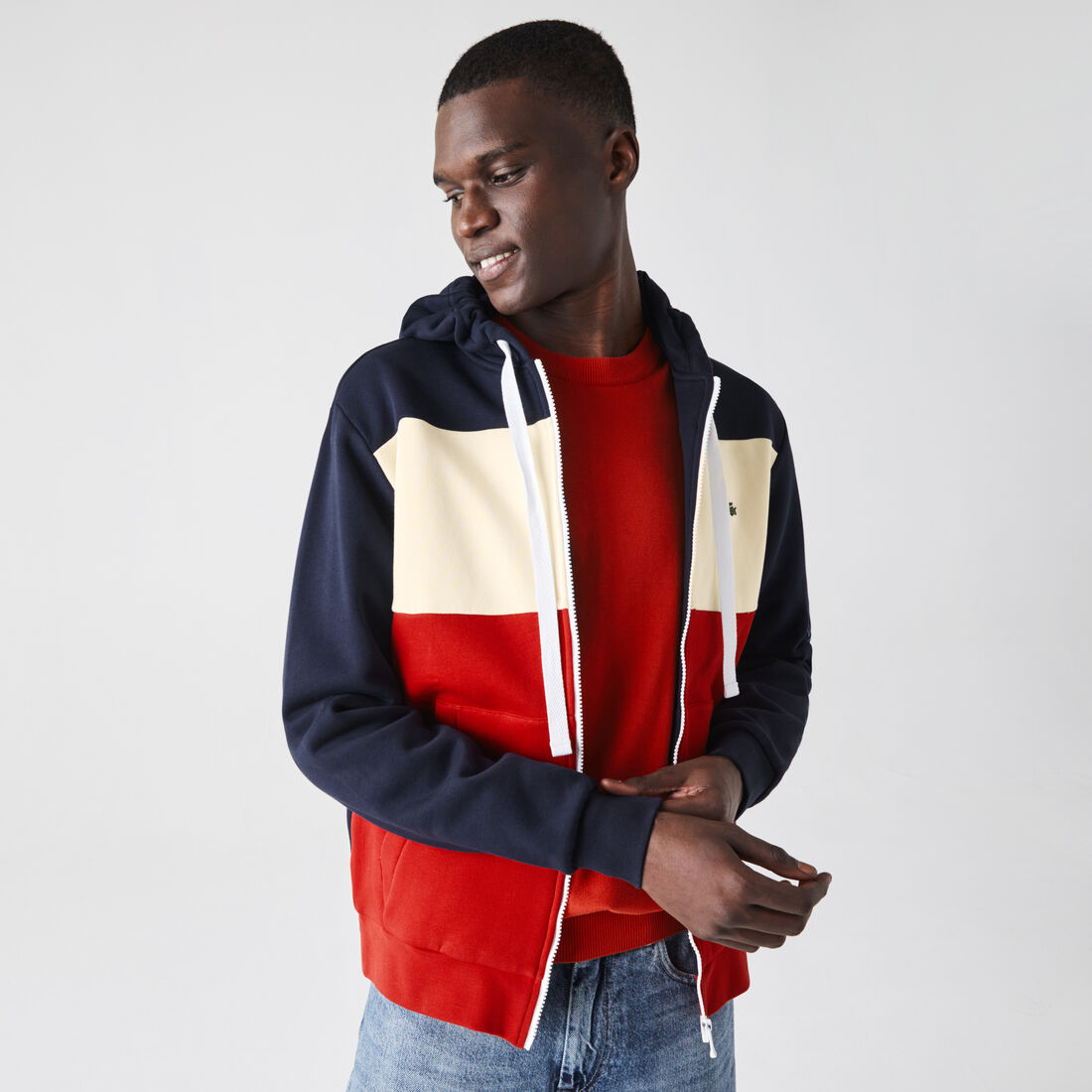 سويت شيرت صوف للرجال بسحاب وغطاء رأس وكتل لونية سويت شيرت صوف للرجال بسحاب وغطاء رأس وكتل لونية