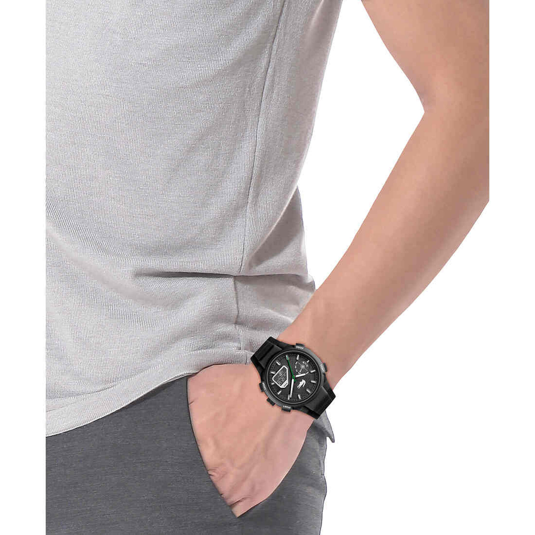 lacoste round analog mens black case watch