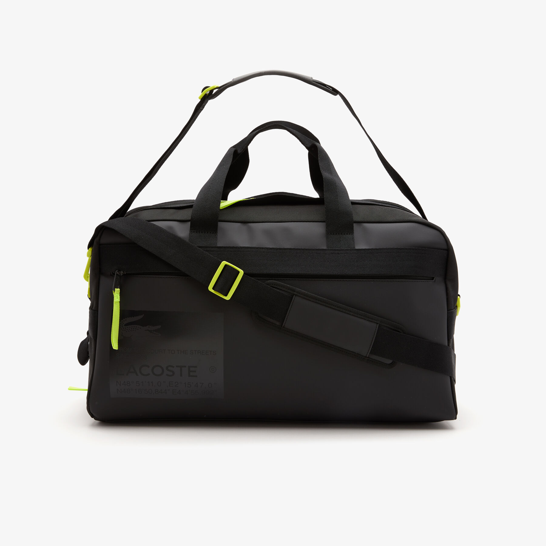 unisex lacoste signature print water repellent duffle weekend bag
