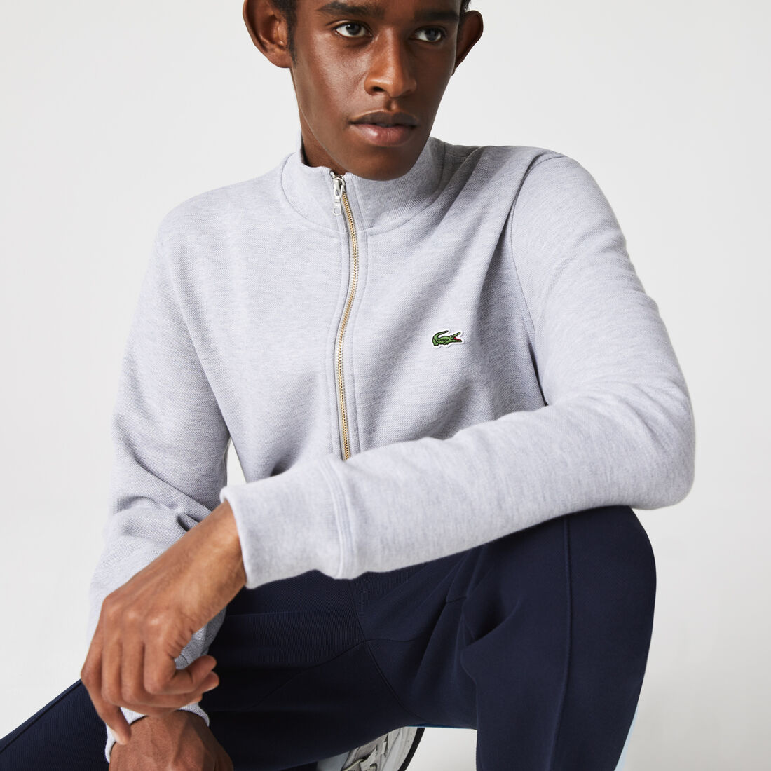 Men's Zippered Stand-Up Collar Piqué Fleece Jacket