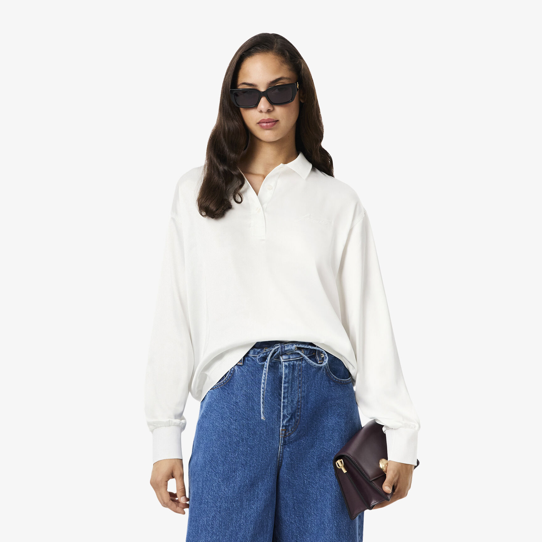 Long Sleeved Oversized Satin Polo Shirt Long Sleeved Oversized Satin Polo Shirt