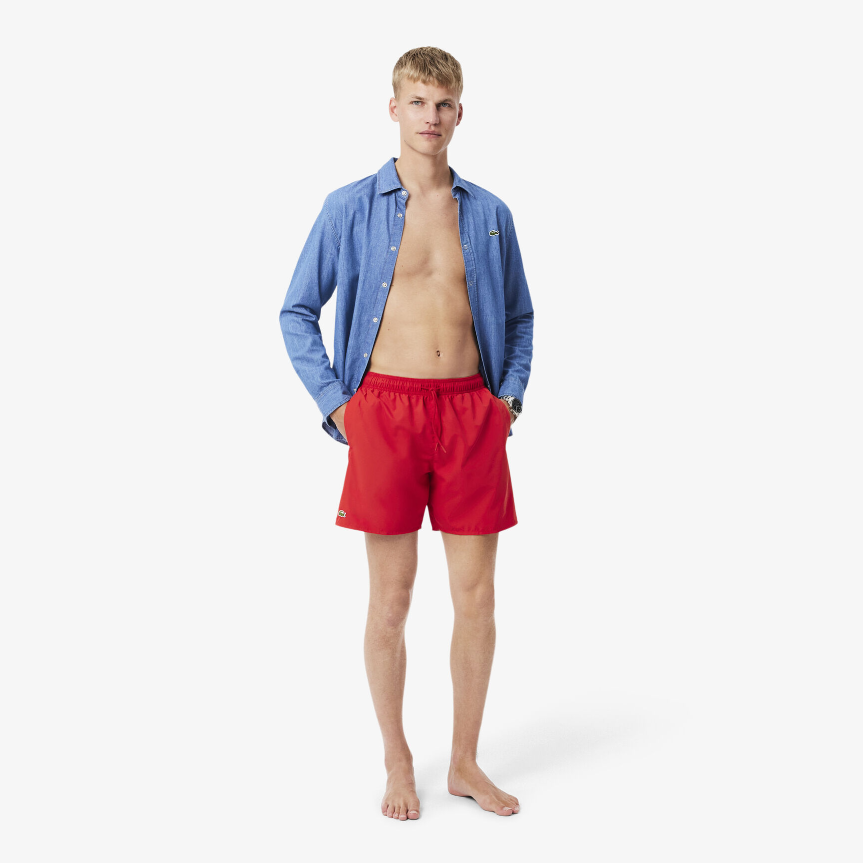 شورت سباحة أحادي اللون متوسط الطول