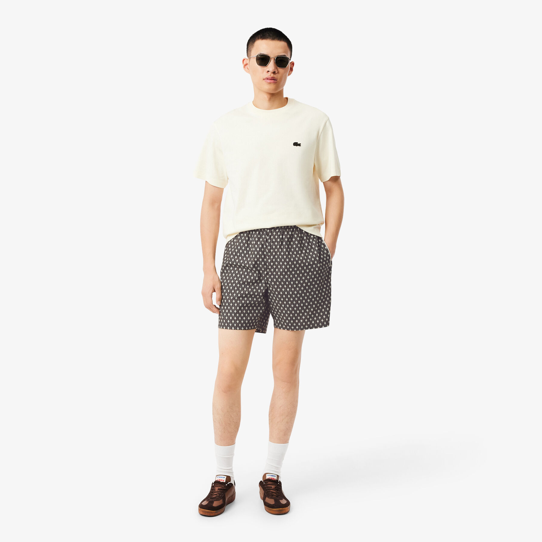 lacoste relaxed fit printed cotton blend shorts