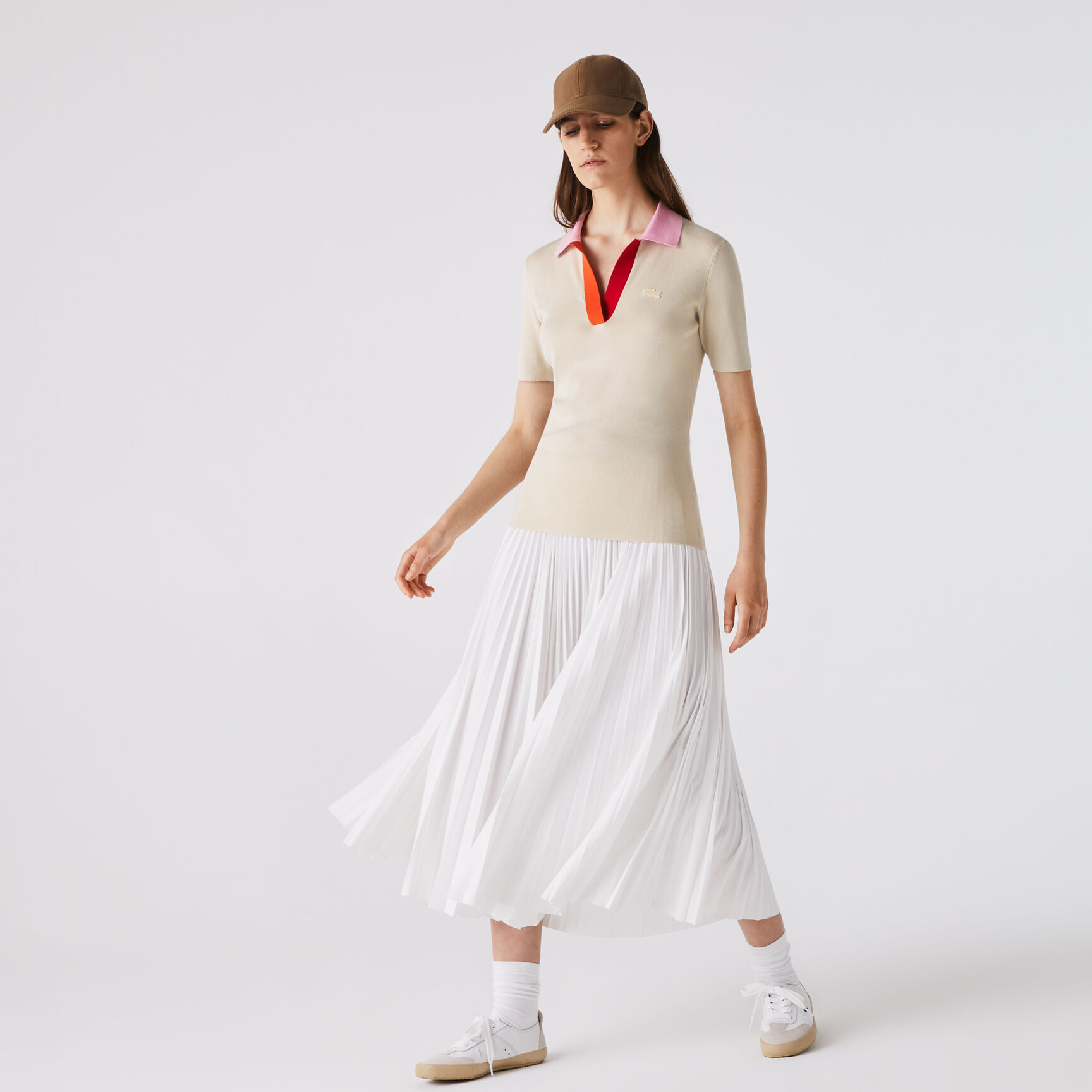 Women's Polo Collar Two-Tone Cotton Sweater