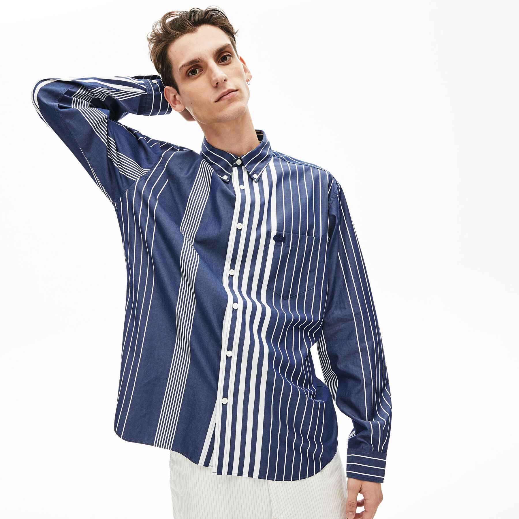 lacoste men s mismatched striped relaxed fit cotton shirt