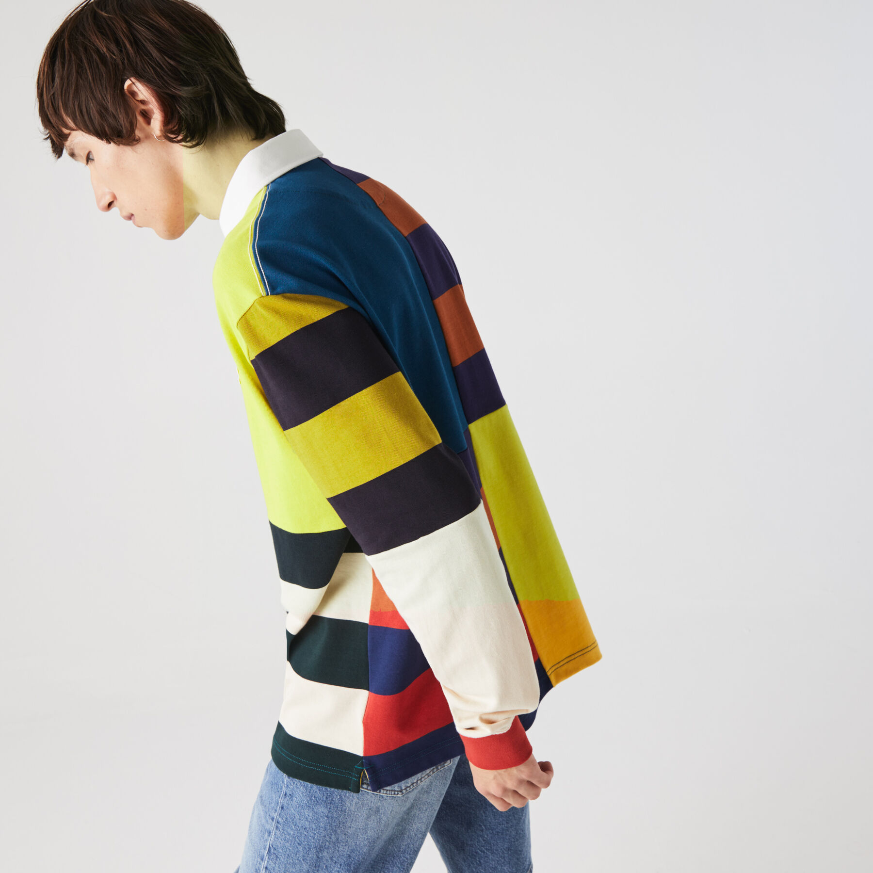 لاكوست قميص بولو قطني للرجال تصميم الرجبي بكتل لونية وقصة فضفاضة مجموعة lacoste live