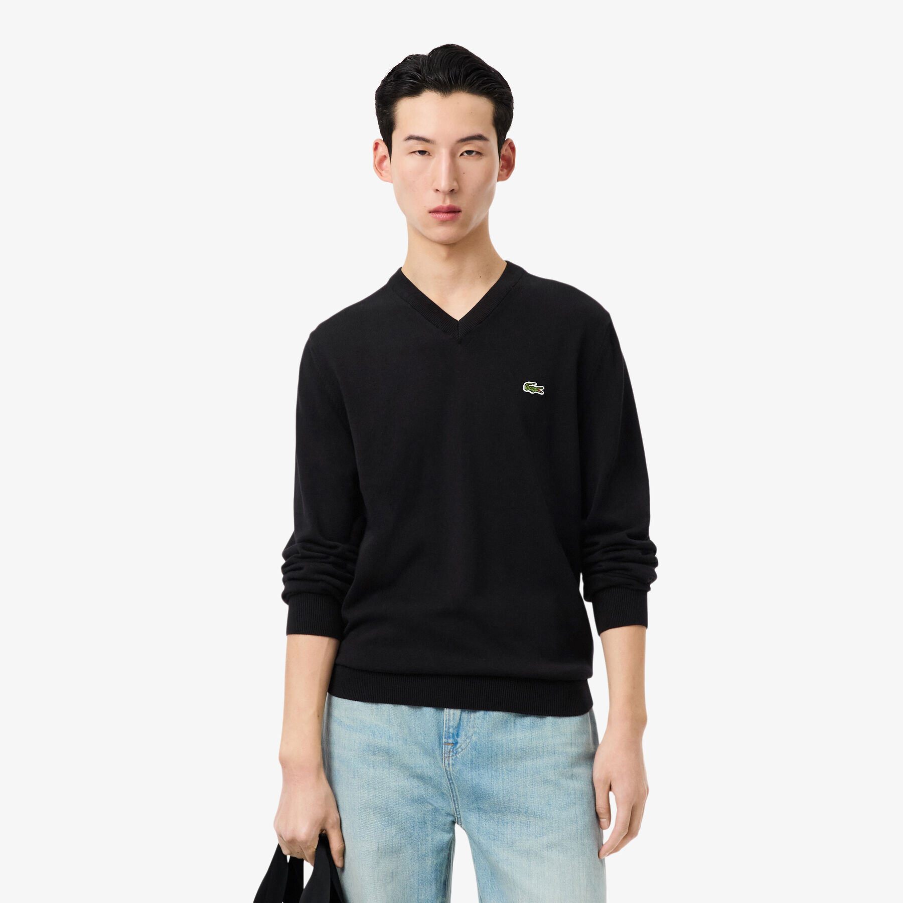 lacoste monochrome cotton v neck sweater