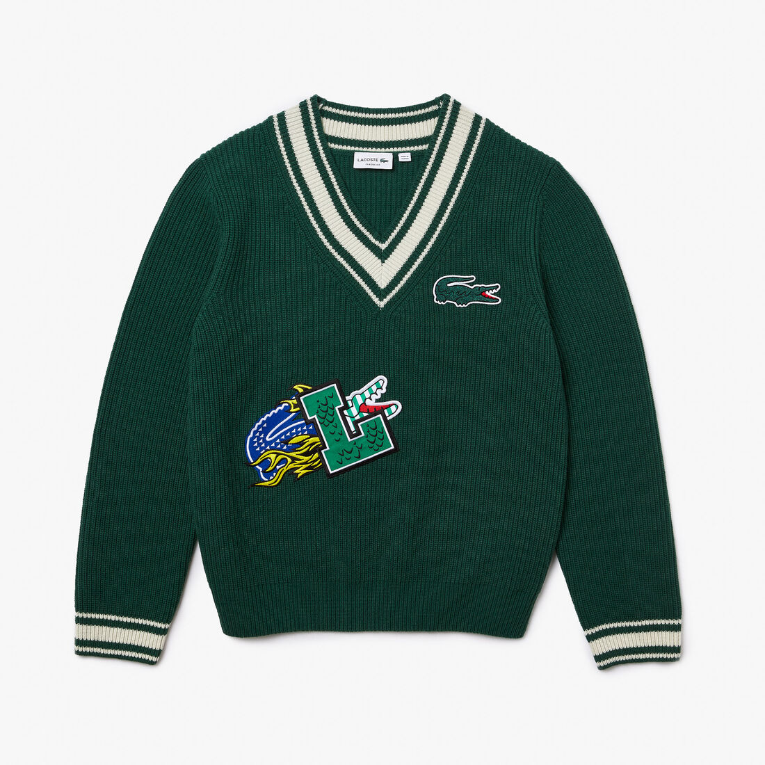 Men's Lacoste Holiday Comic Badge Striped V-Neck Sweater