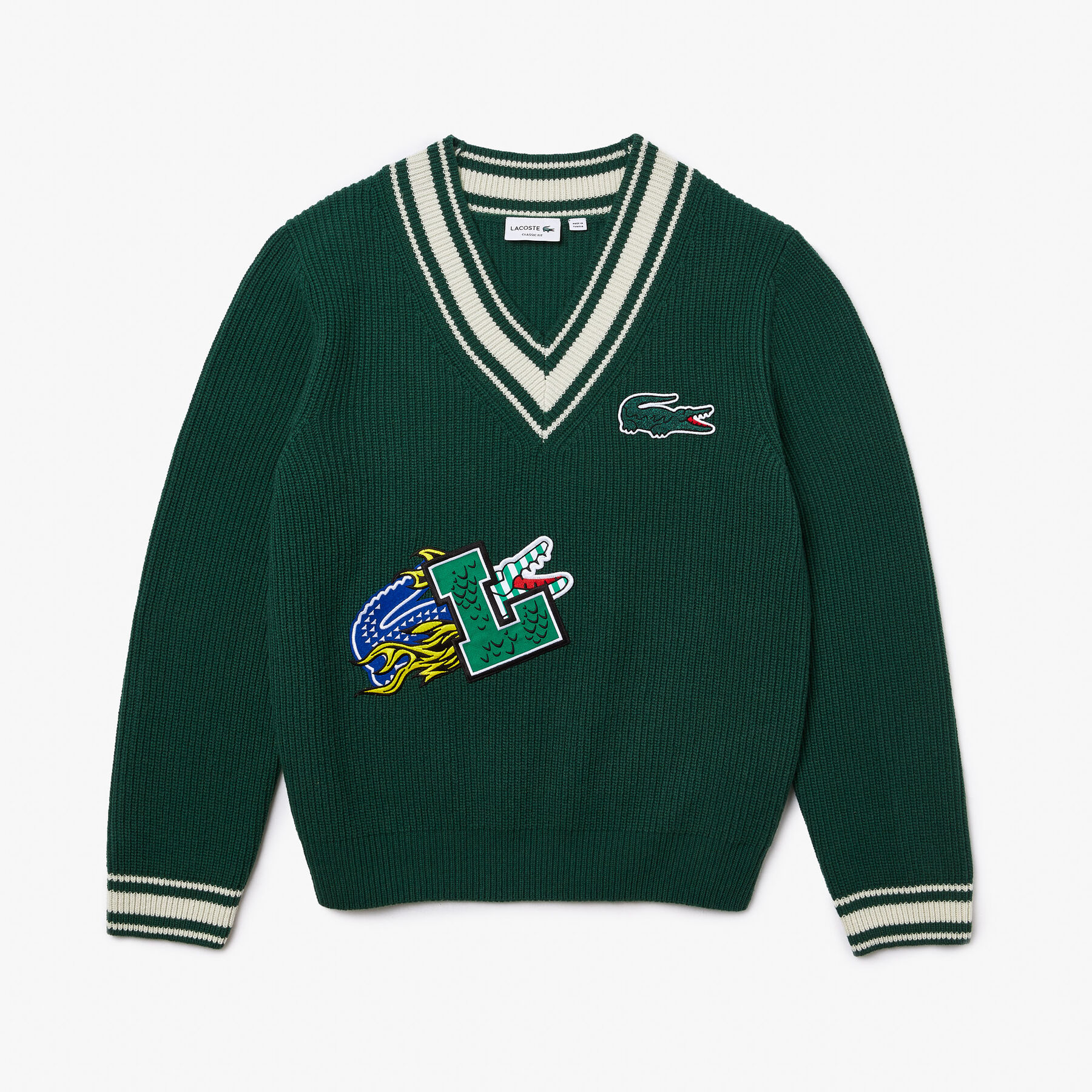 men s lacoste holiday comic badge striped v neck sweater