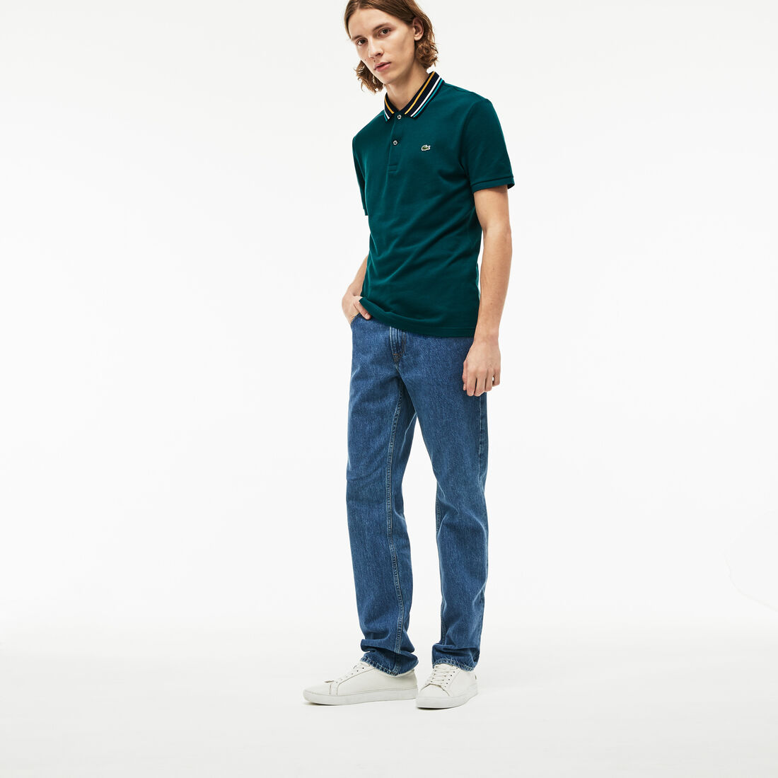Men's Lacoste Slim Fit Striped Contrast Collar Petit Piqué Polo Shirt Men's Lacoste Slim Fit Striped Contrast Collar Petit Piqué Polo Shirt
