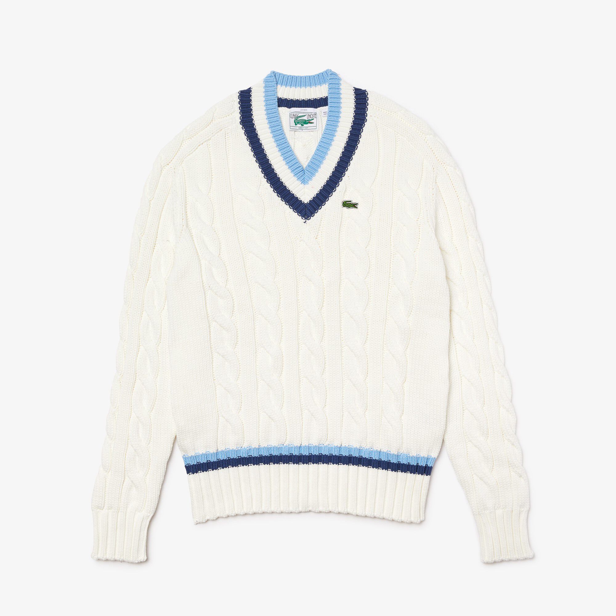 Unisex V-neck Striped Finishes Cable Knit Sweater Unisex V-neck Striped Finishes Cable Knit Sweater