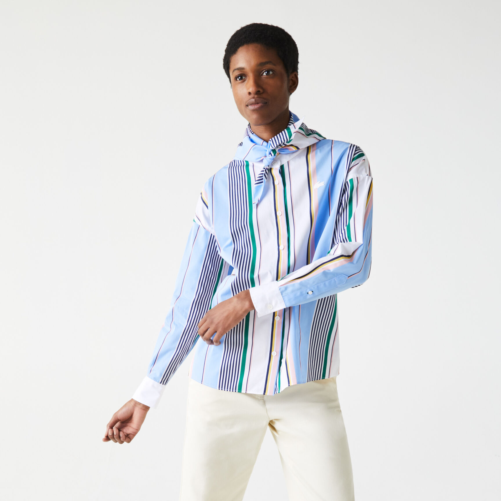 Women's Lacoste LIVE Classic Fit Scarf Neck Striped Cotton Shirt Women's Lacoste LIVE Classic Fit Scarf Neck Striped Cotton Shirt