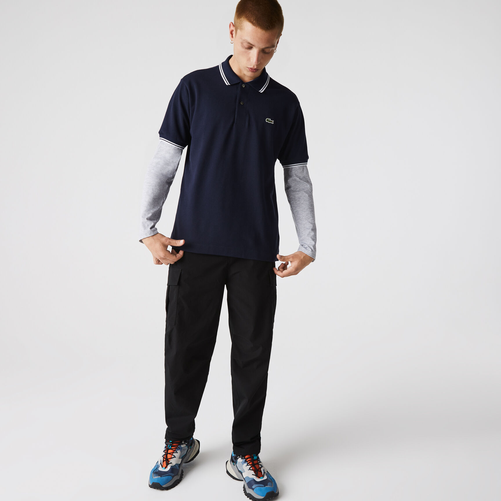 تيشيرت بولو لاكوست قطن بيكيه بخطوط وقصة كلاسيكية للرجال