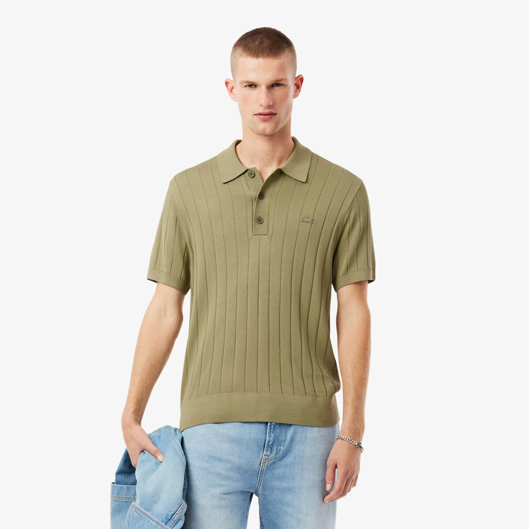 Fluid Ribbed Knit Polo Collar Sweater Fluid Ribbed Knit Polo Collar Sweater