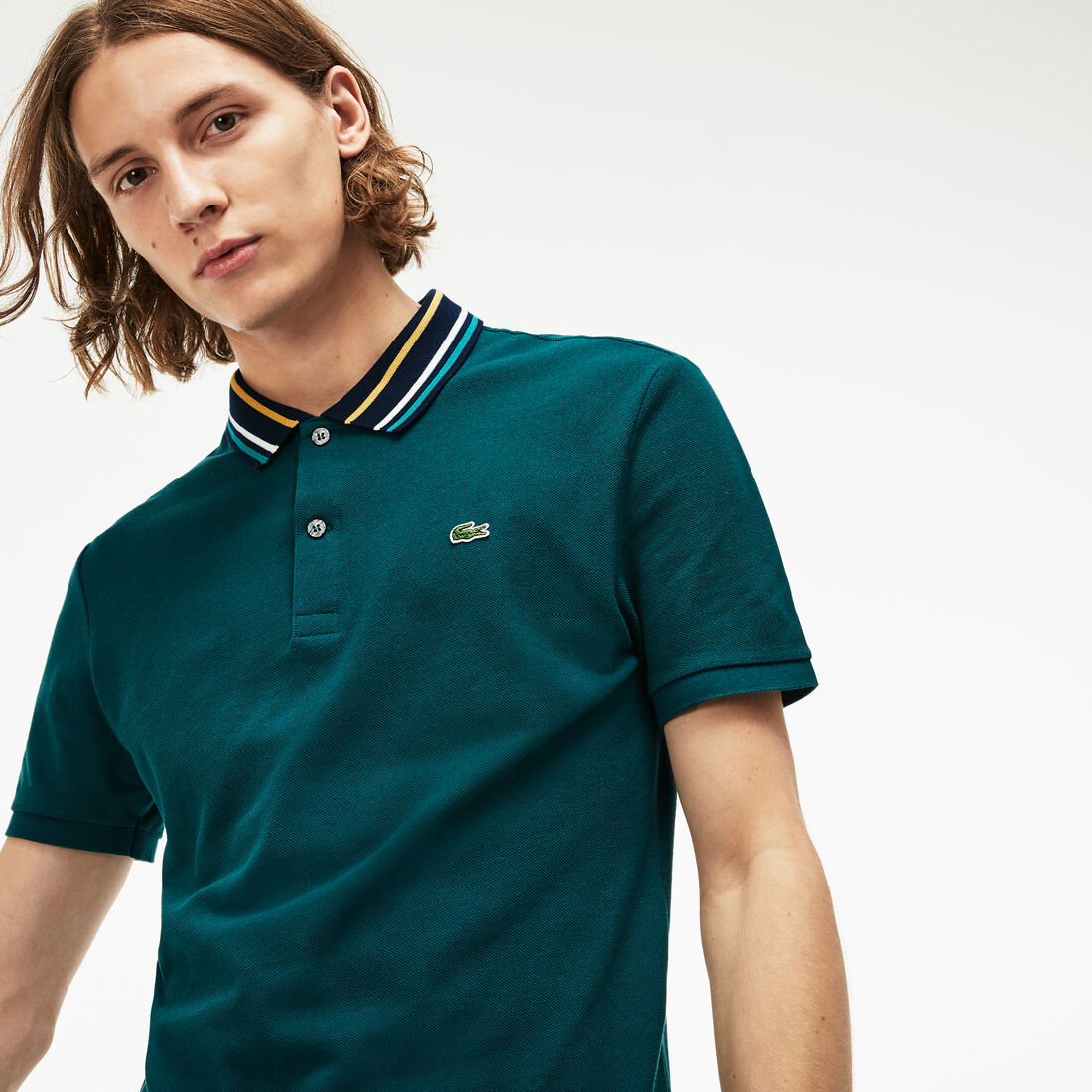 Men's Lacoste Slim Fit Striped Contrast Collar Petit Piqué Polo Shirt Men's Lacoste Slim Fit Striped Contrast Collar Petit Piqué Polo Shirt
