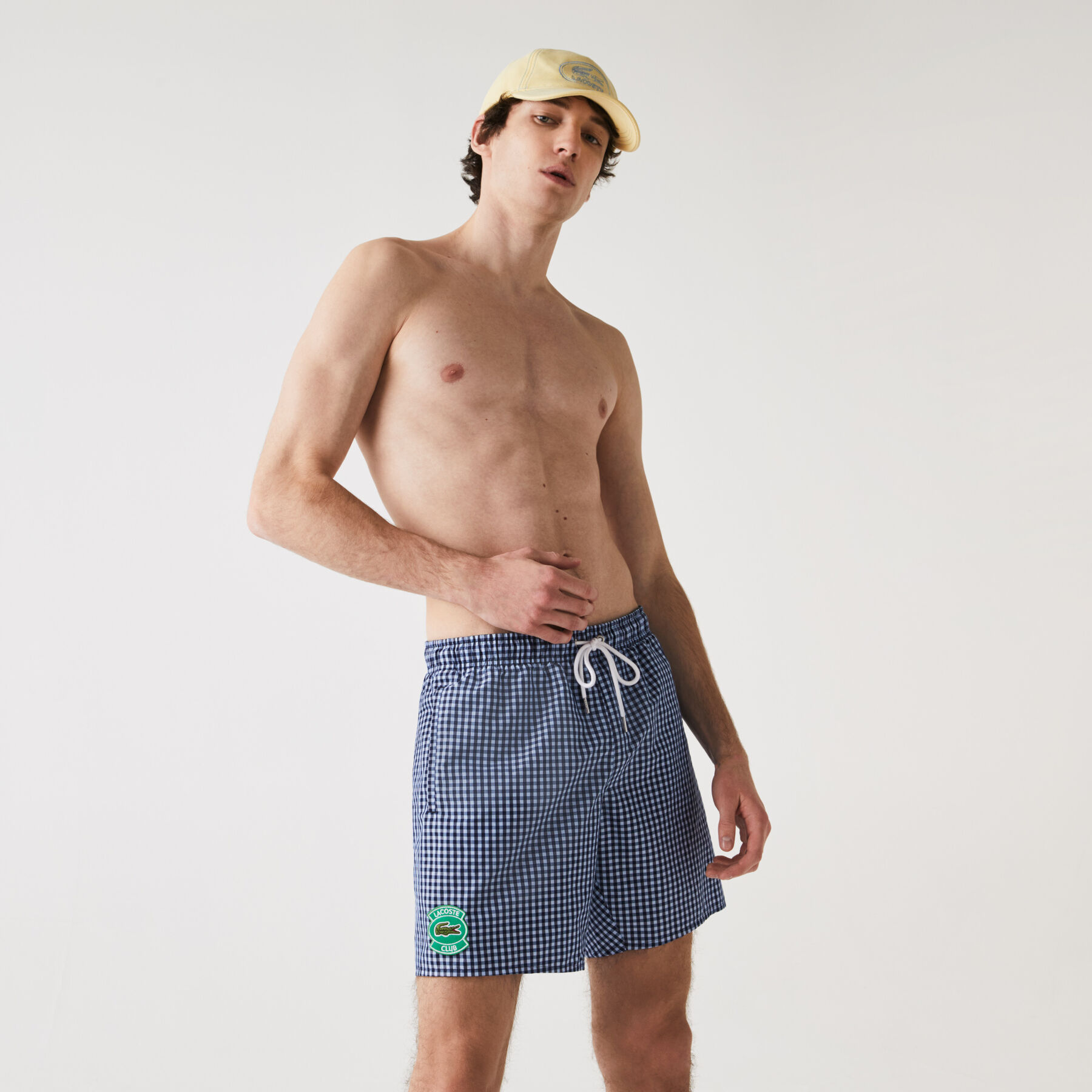 Men’s Mid-Length Gingham Check Cotton Blend Swimming Trunks lacoste men s mid length gingham check cotton blend swimming trunks