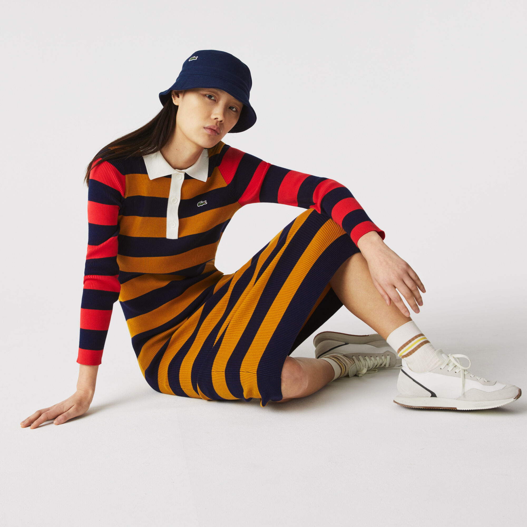 Women’s Fitted Striped Ribbed Mid-Length Polo Dress Women’s Fitted Striped Ribbed Mid-Length Polo Dress