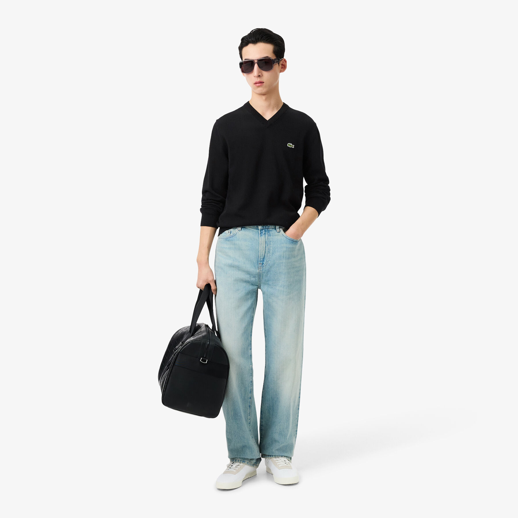 lacoste monochrome cotton v neck sweater