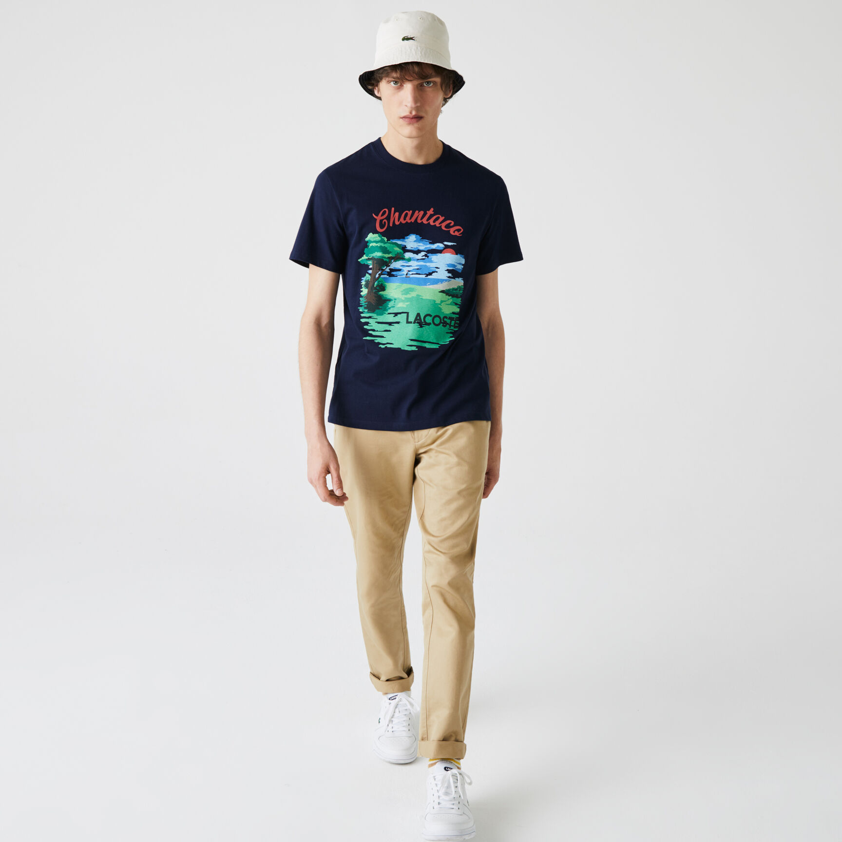 تي شيرت قطني للرجال بفتحة رقبة مستديرة وطباعة منظر طبيعي