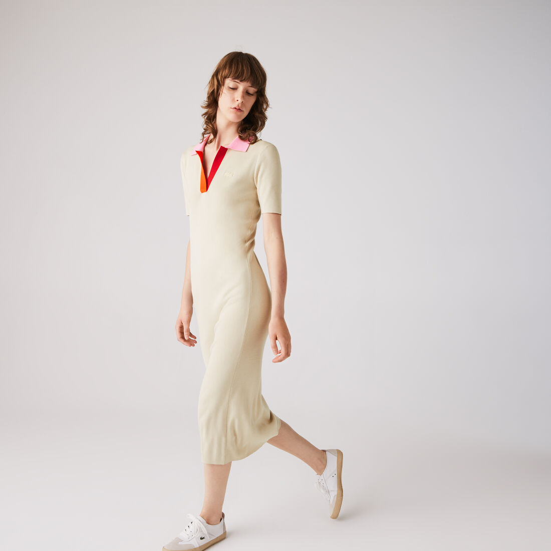 Women's Polo Collar Two-Tone Cotton Knit Long Sweater Dress Women's Polo Collar Two-Tone Cotton Knit Long Sweater Dress