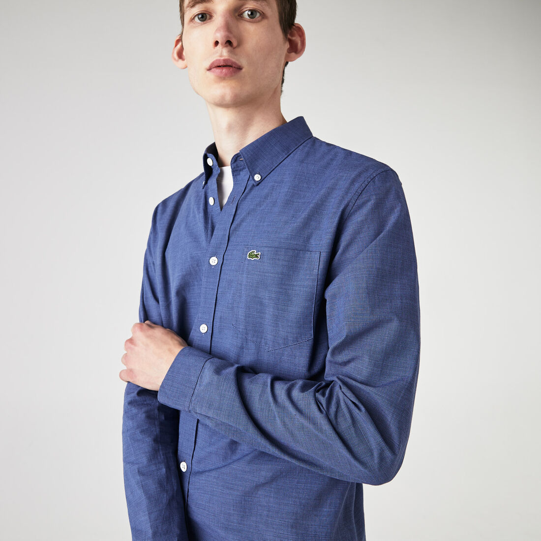 قميص قطن مع نقشة هاوندستوث صغيرة بقصة ضيقة للرجال قميص قطن مع نقشة هاوندستوث صغيرة بقصة ضيقة للرجال