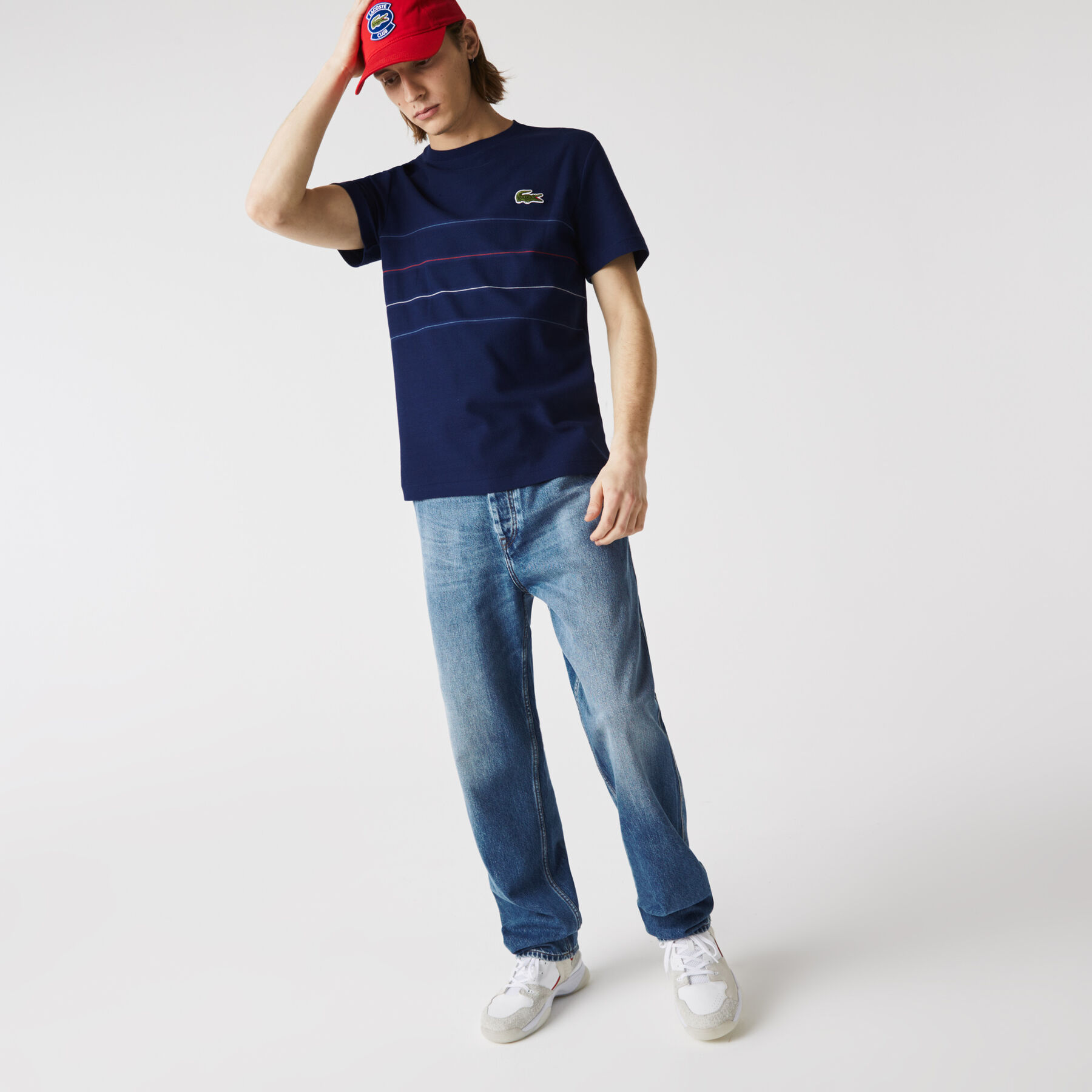 تي شيرت مقلم من القطن العضوي متعرج الملمس للرجال مجموعة Made in France لاكوست تي شيرت مقلم من القطن العضوي متعرج الملمس للرجال مجموعة made in france