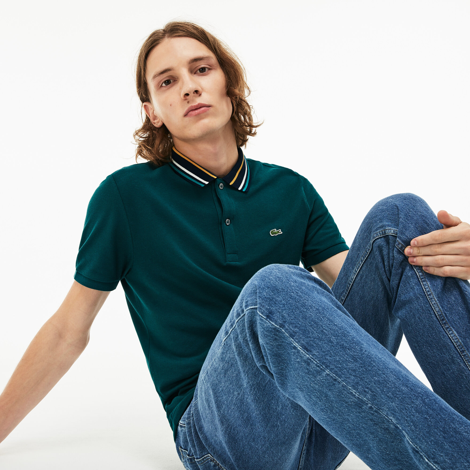 Men's Lacoste Slim Fit Striped Contrast Collar Petit Piqué Polo Shirt Men's Lacoste Slim Fit Striped Contrast Collar Petit Piqué Polo Shirt