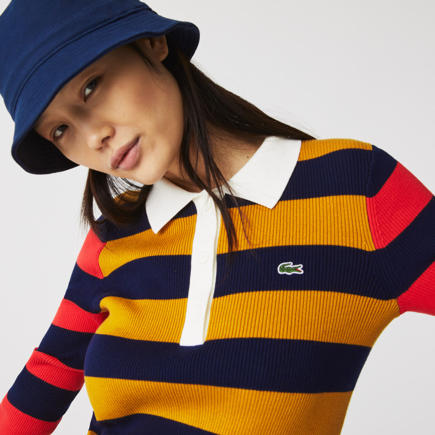 Women’s Fitted Striped Ribbed Mid-Length Polo Dress lacoste women s fitted striped ribbed mid length polo dress