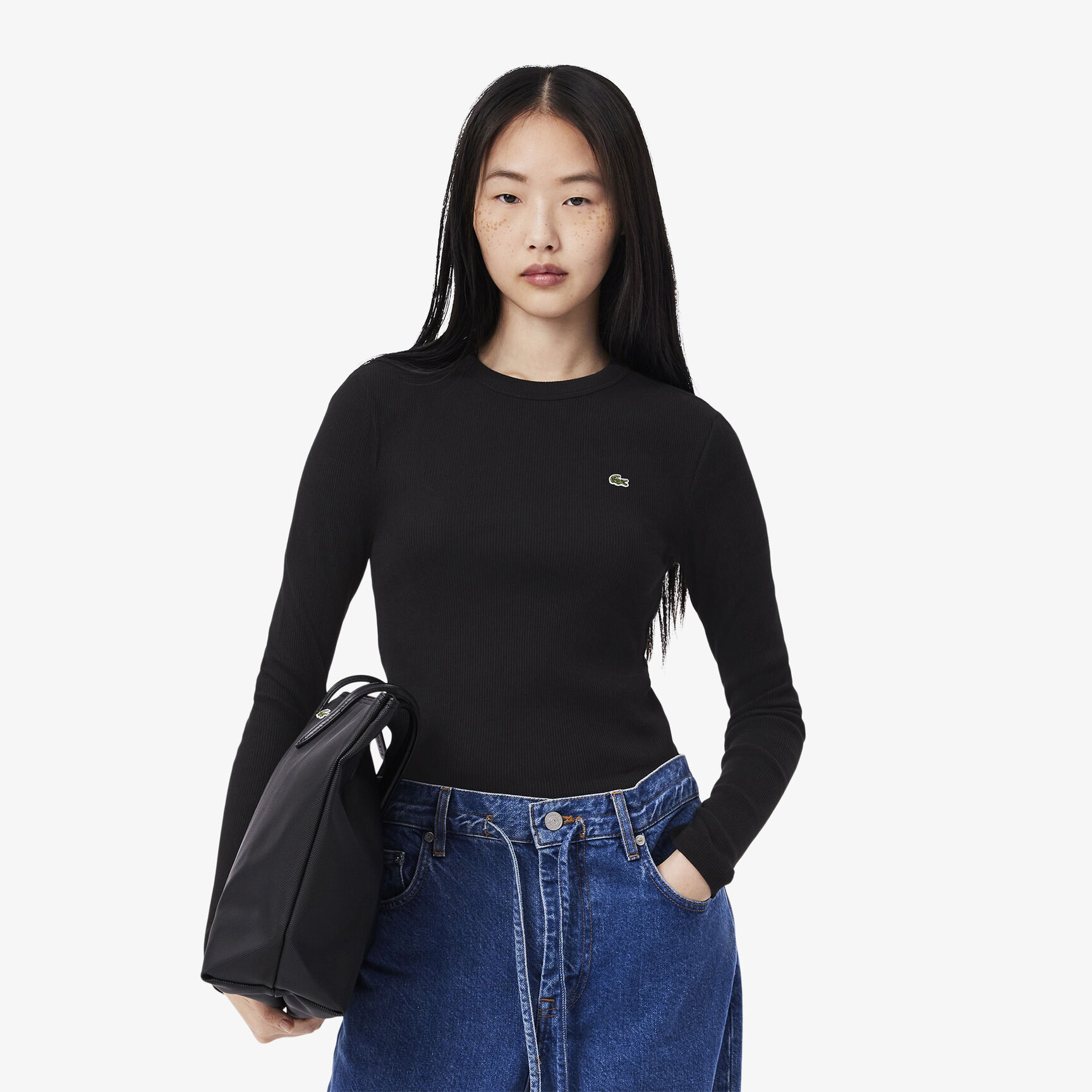 تي شيرت قطن مضلع بأكمام طويلة