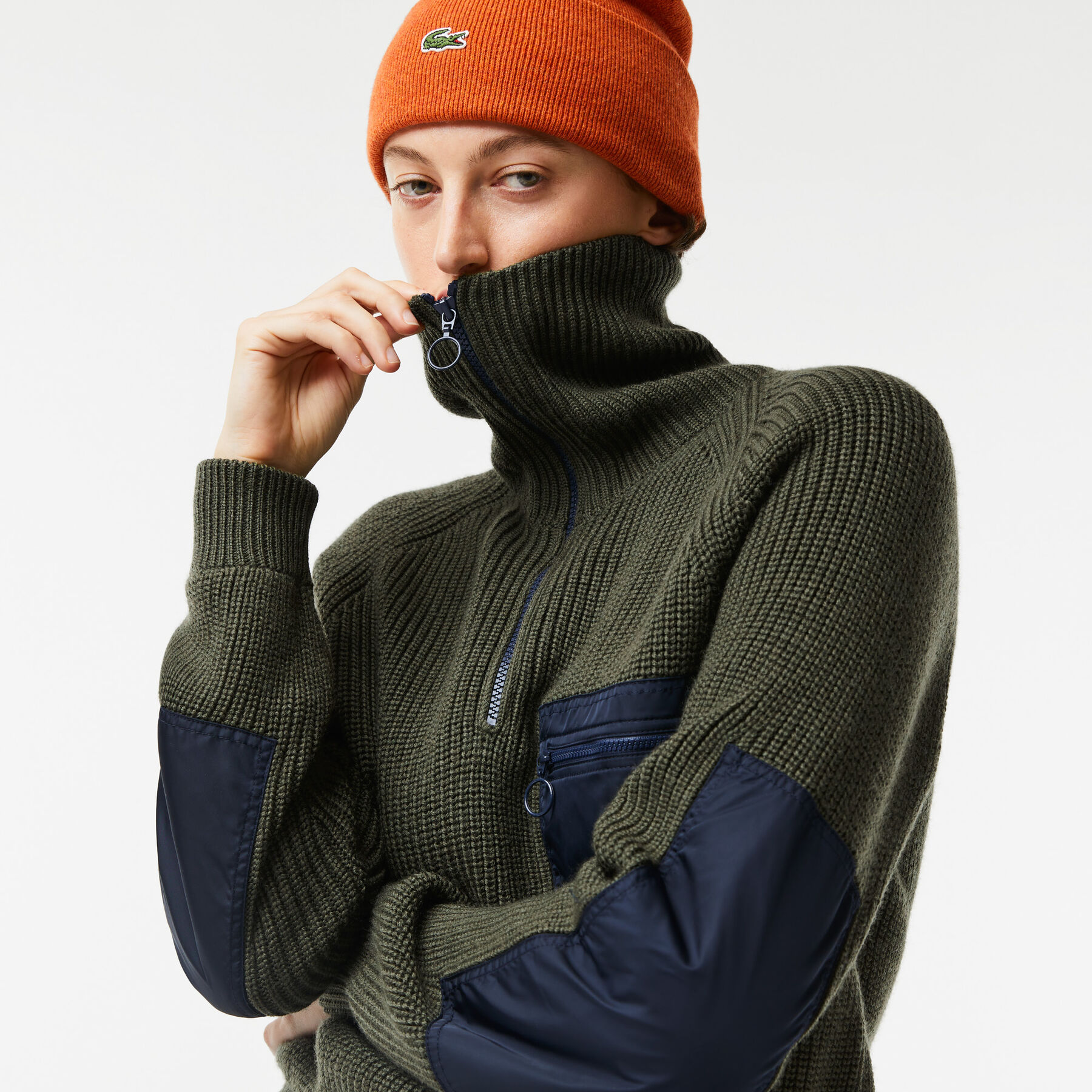 women s lacoste zip trucker neck color block sweater