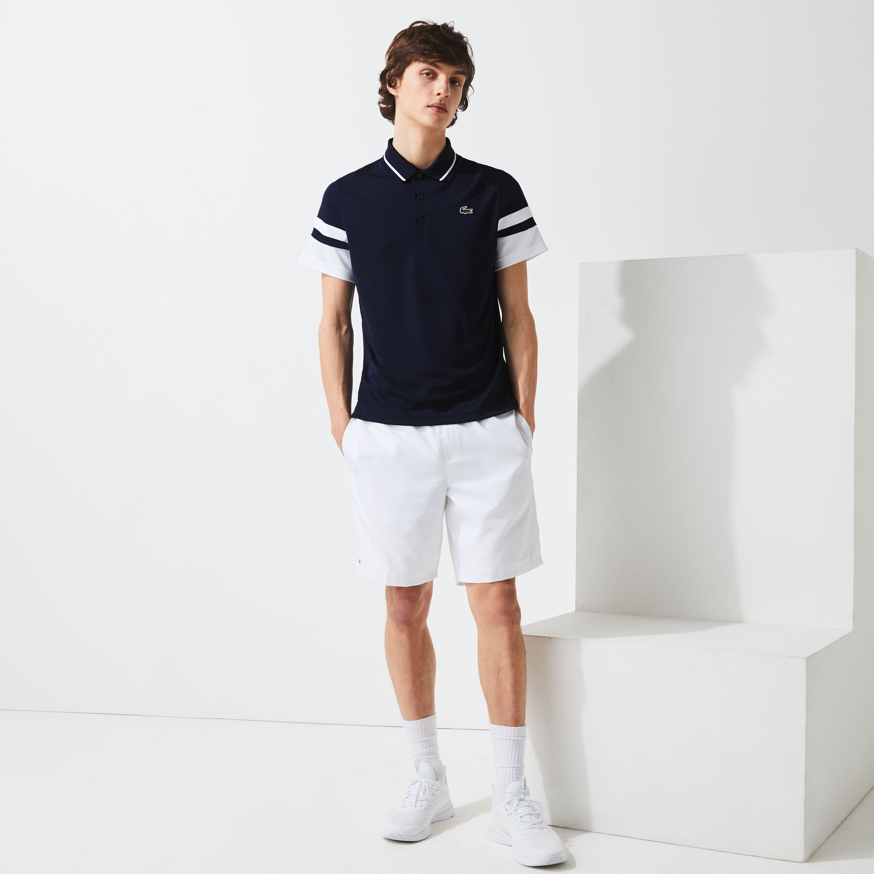 men s lacoste sport striped sleeves breathable piqu  tennis polo shirt