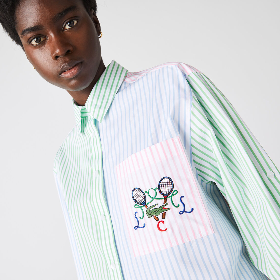 Women's Tennis Embroidery And Striped Cotton Patchwork Shirt