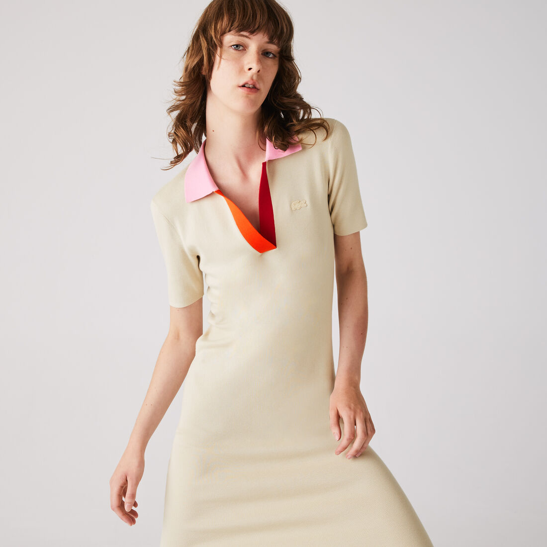 Women's Polo Collar Two-Tone Cotton Knit Long Sweater Dress Women's Polo Collar Two-Tone Cotton Knit Long Sweater Dress