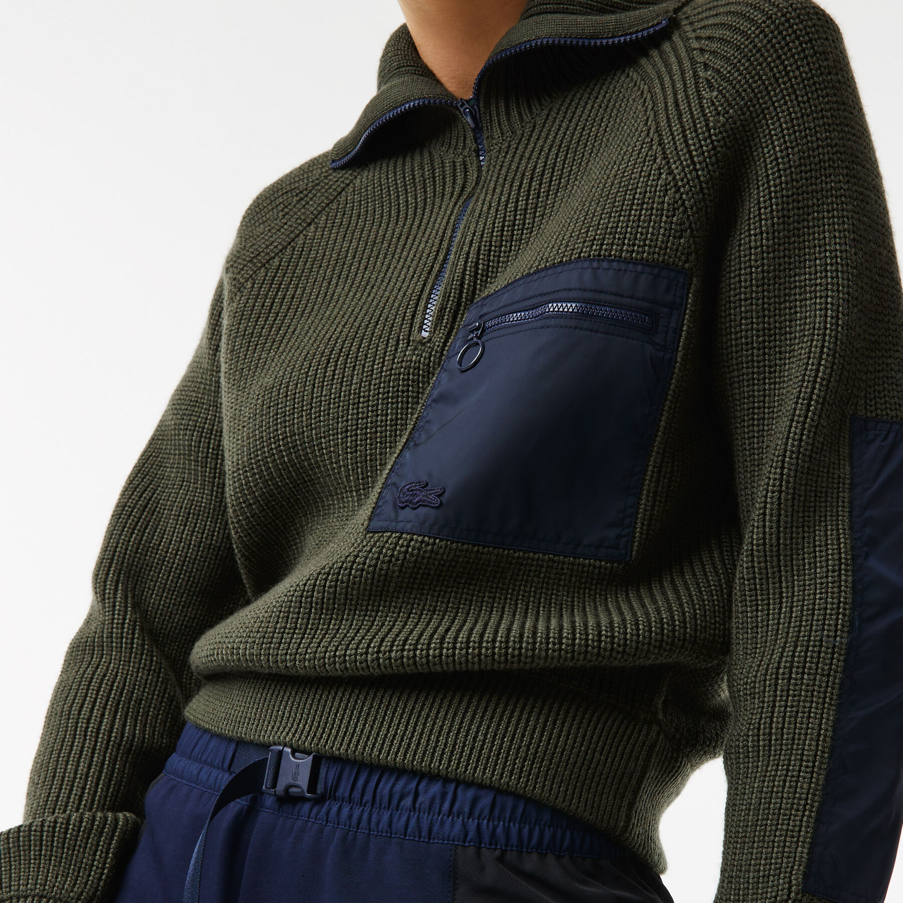women s lacoste zip trucker neck color block sweater