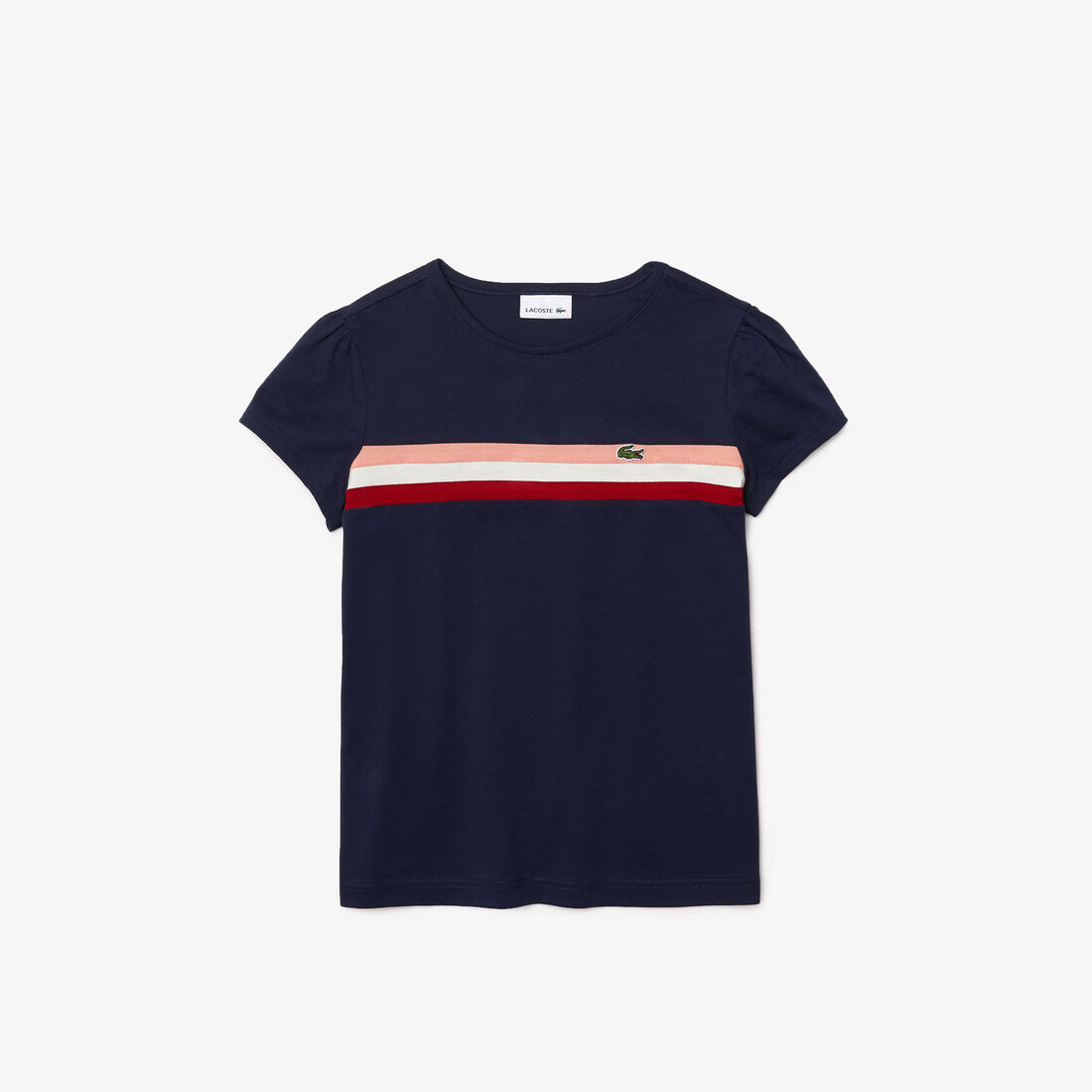 Girls' Crew Neck Puff Sleeved Striped Cotton T-shirt