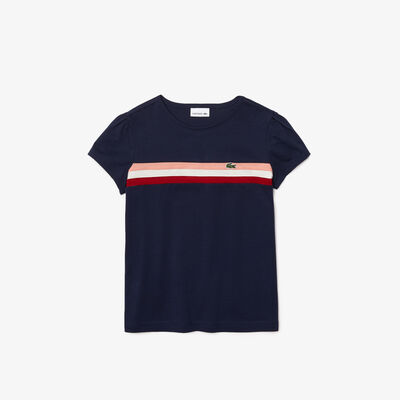 Girls' Crew Neck Puff Sleeved Striped Cotton T-shirt