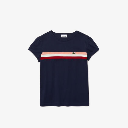 Girls' Crew Neck Puff Sleeved Striped Cotton T-shirt