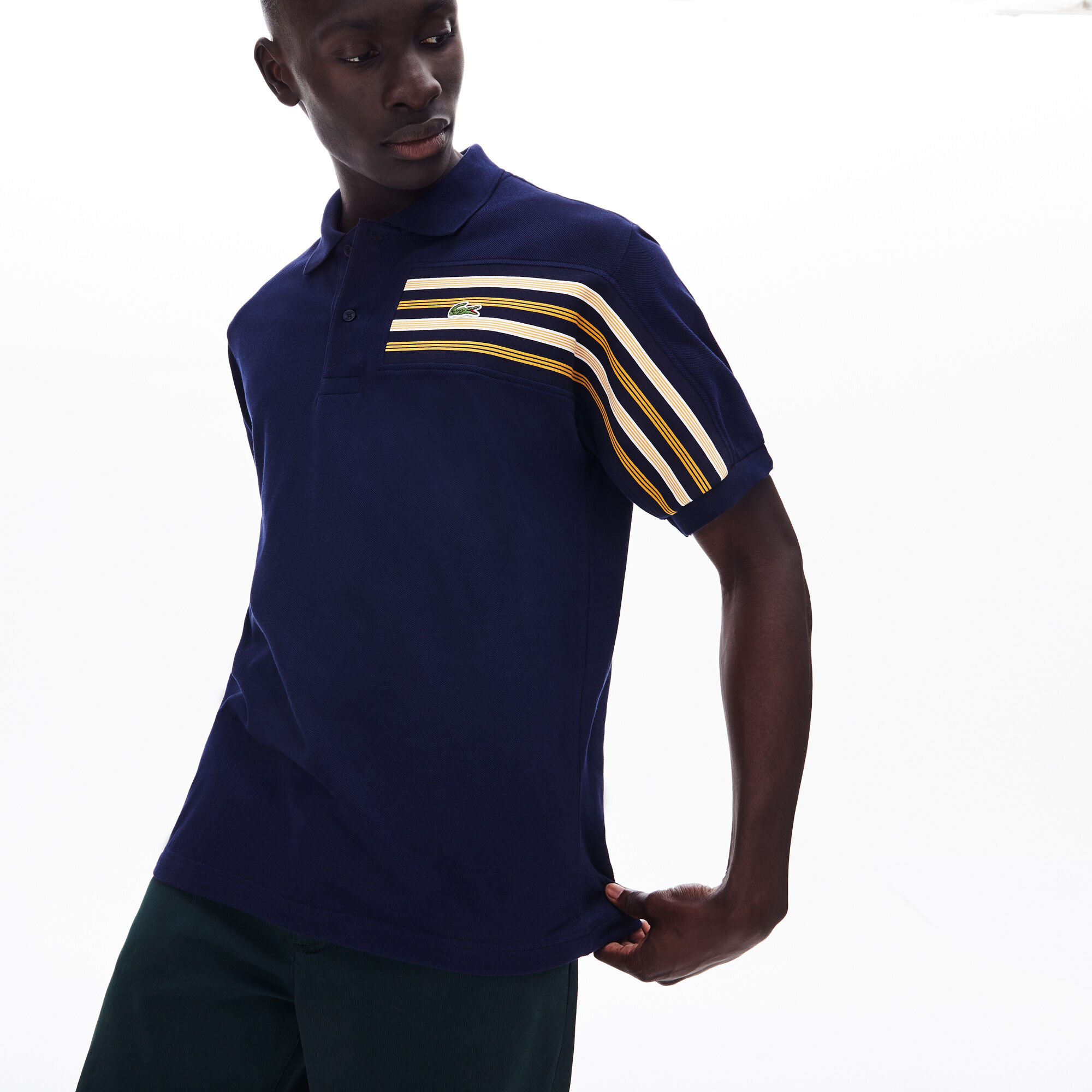 Men's Lacoste L.12.12 Striped Panel Cotton Piqué Polo Shirt Men's Lacoste L.12.12 Striped Panel Cotton Piqué Polo Shirt